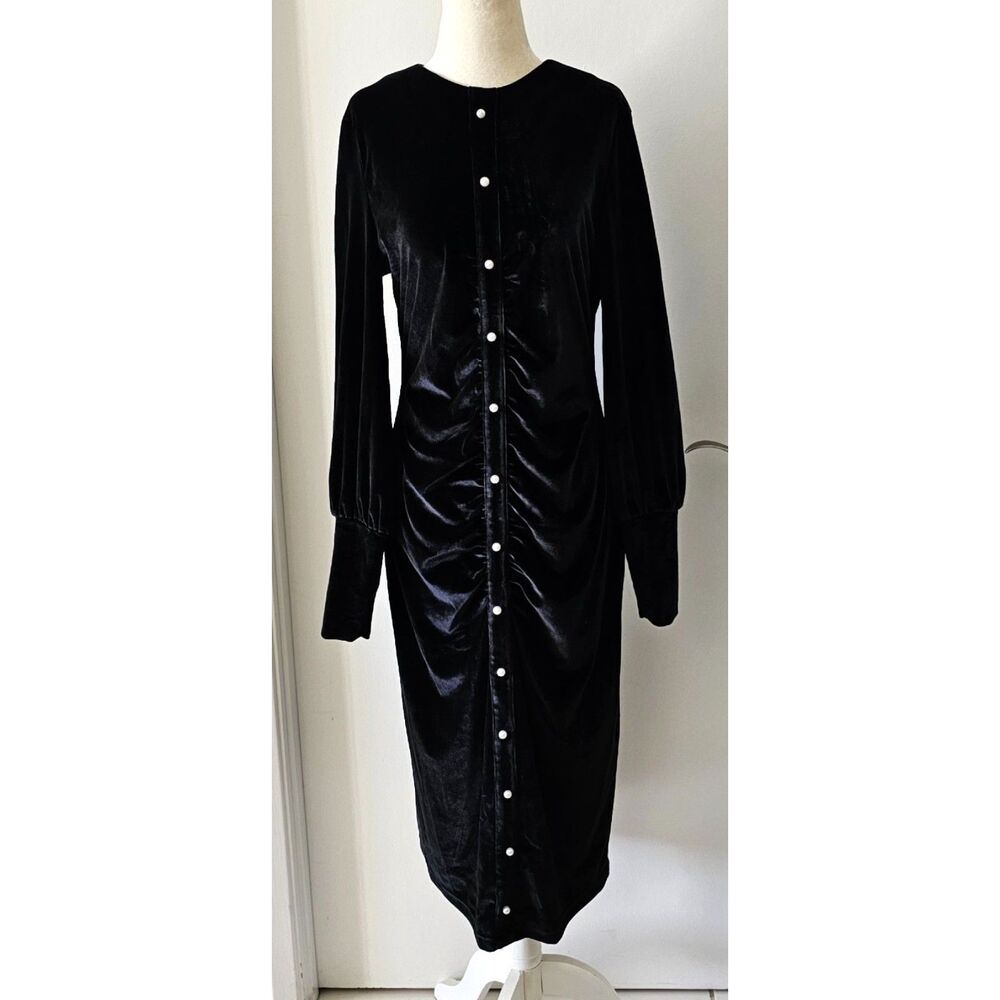 Mekimi Black Suede Modest Midi Dress Size M Long Sleeves Faux Pearl Buttons